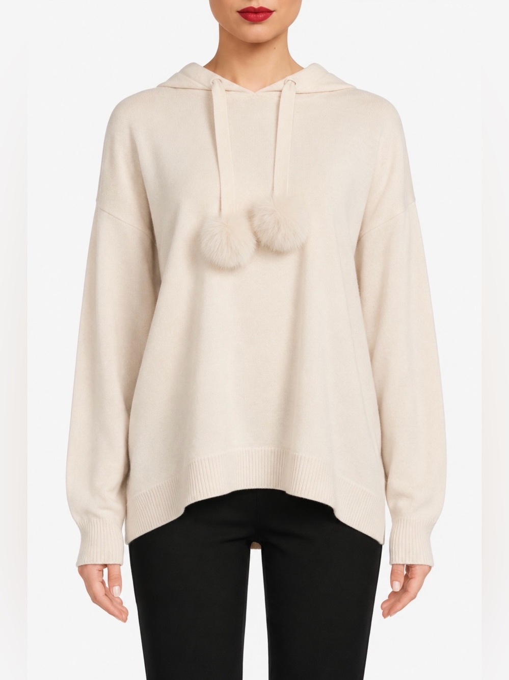 Saks Fifth Avenue Cream Pom-Pom Hooded Knit Sweater